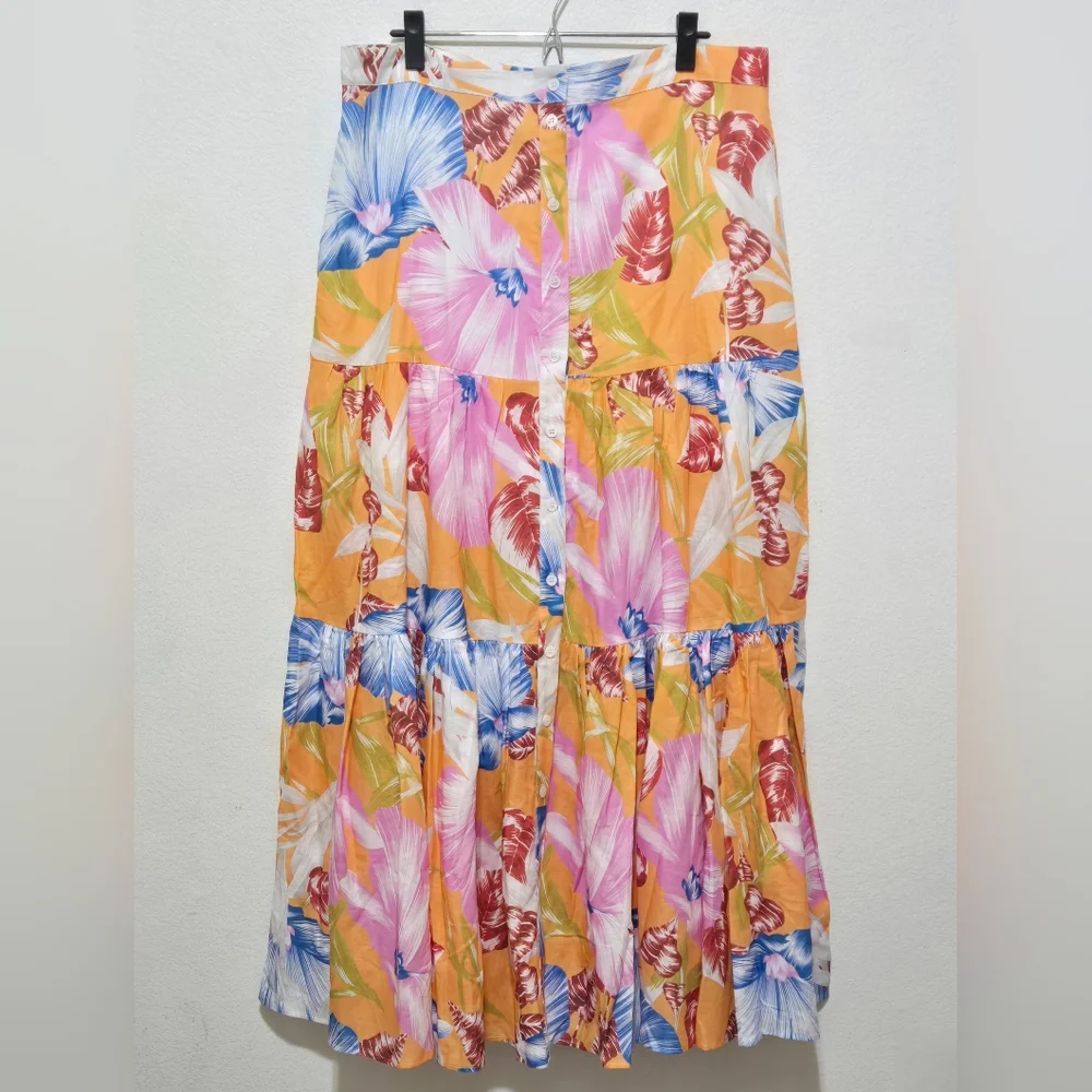 NEVER A WALLFLOWER Tropical Print Tiered Maxi Skirt Button Down Cotton Size XL - Picture 2 of 10